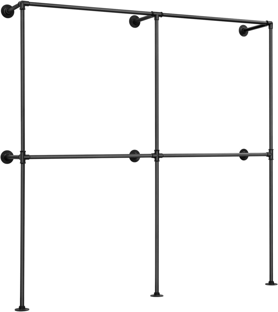 Appendiabiti da Parete, Appendiabiti da Muro per Vestiti, Appendi Abiti Industriale a Tubo con 4 Barre per Appendere Indumenti, Metallo, Nero, 193x36,5x187 cm