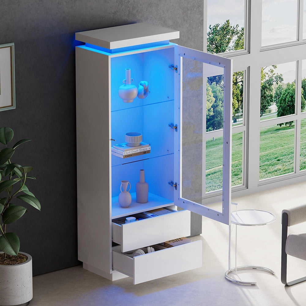 Vetrina 60x40x171 cm 2 cassetti - Xylo - vetrina alta con LED, ante in vetro, piedistallo, bianco