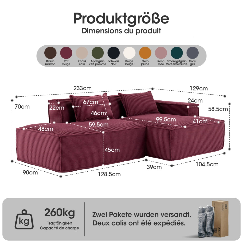 Divano dritto compatto con 2 cuscini e seduta elastica in poliestere imbottito rosso 235 cm per piccoli ambienti