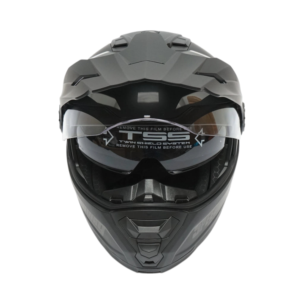 Casco integrale da motocross nero opaco con visiera trasparente e occhiali da sole, taglia L Lion
