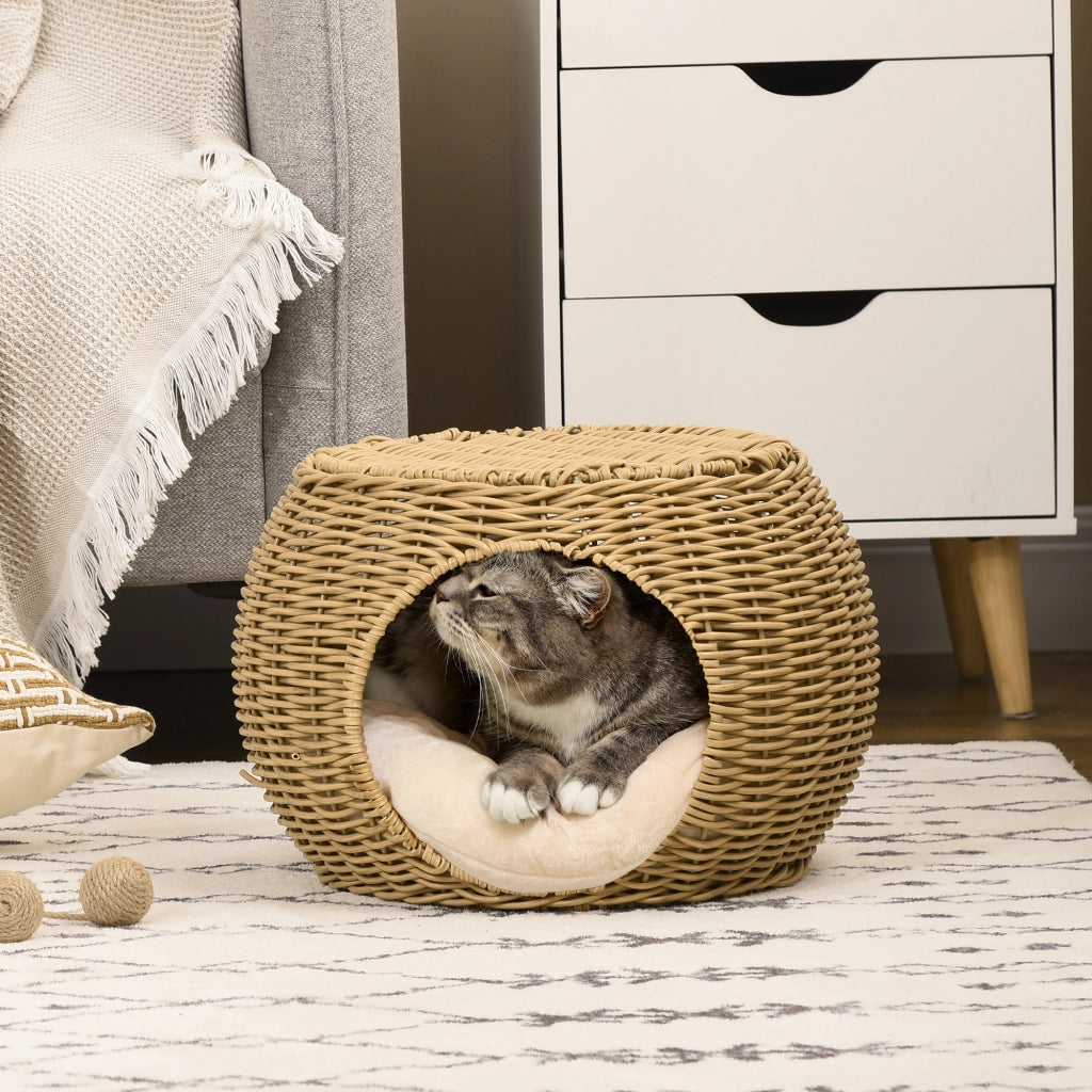 Cesta per Gatti a 2 Livelli ¨C zephmum ¨C Resina Effetto Rattan con Cuscino Marrone Chiaro ?40x30cm