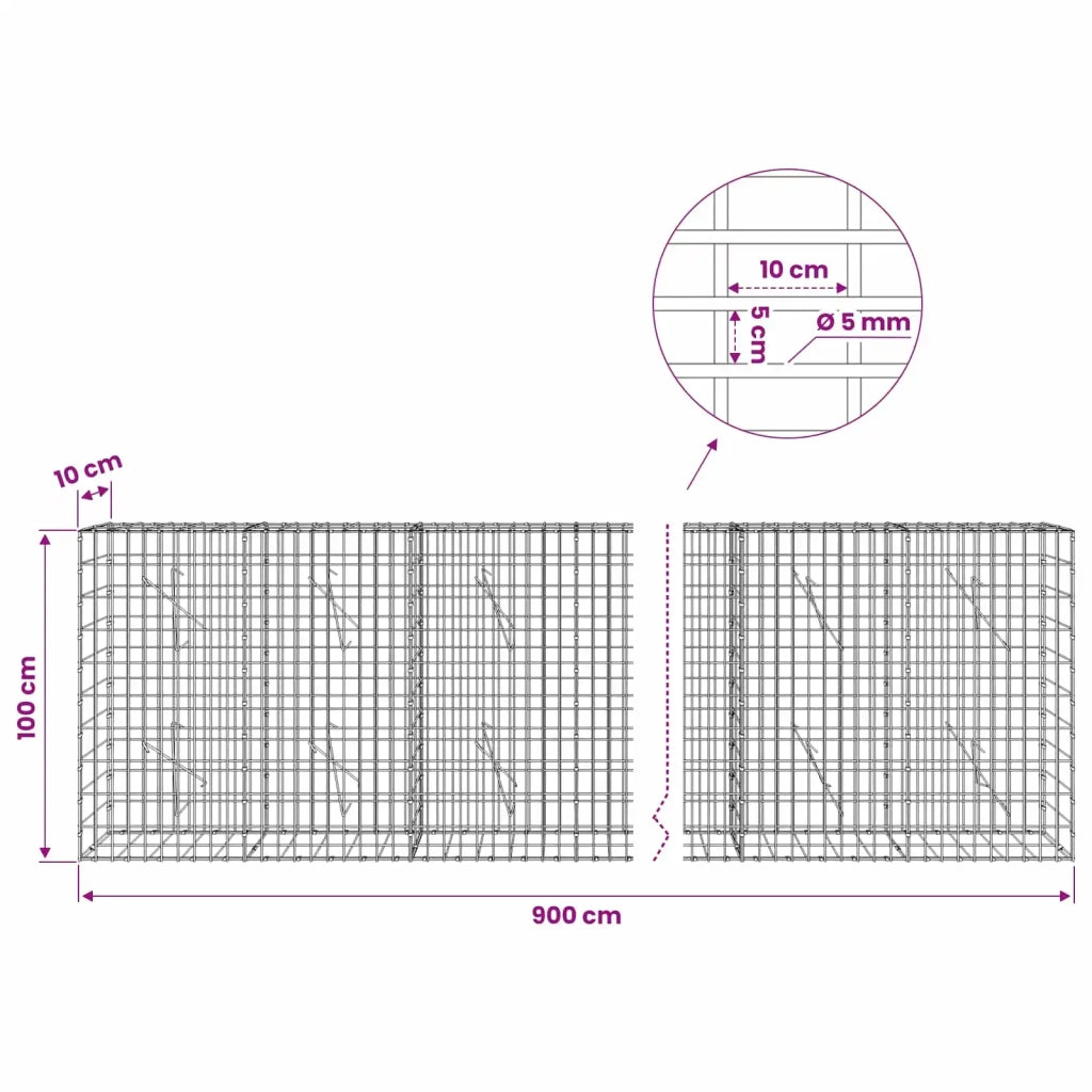 Gabione con Filo da 5 mm e Rete da 5x10 cm 900x10x100 cm 3464460