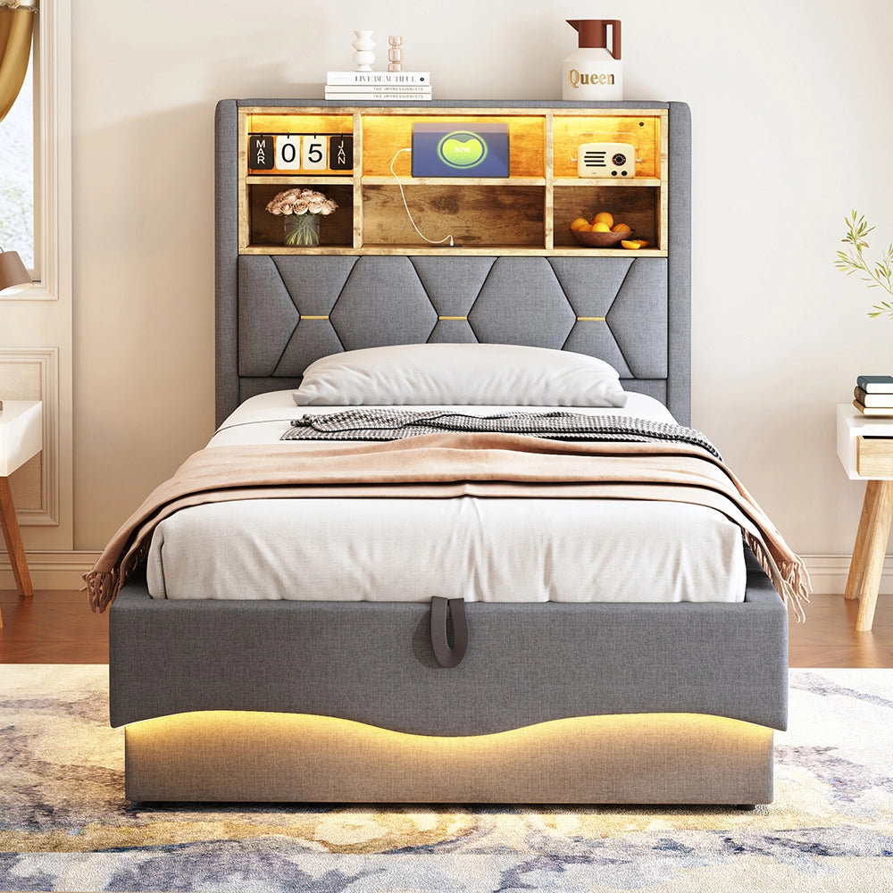 Letto bambino-Xylo-90x200 cm-LED app, USB, metallo, lino grigio