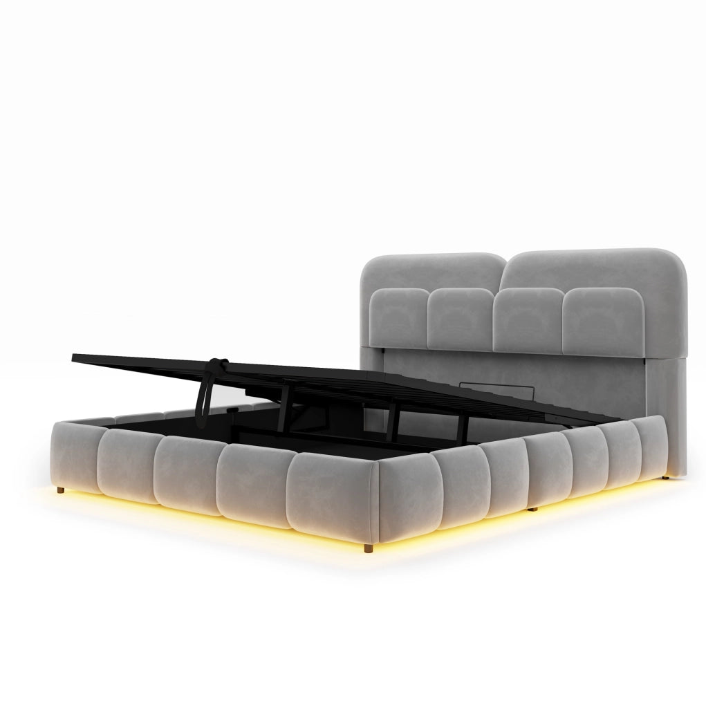 Letto imbottito 140x200 cm con contenitore idraulico e LED; velluto; grigio