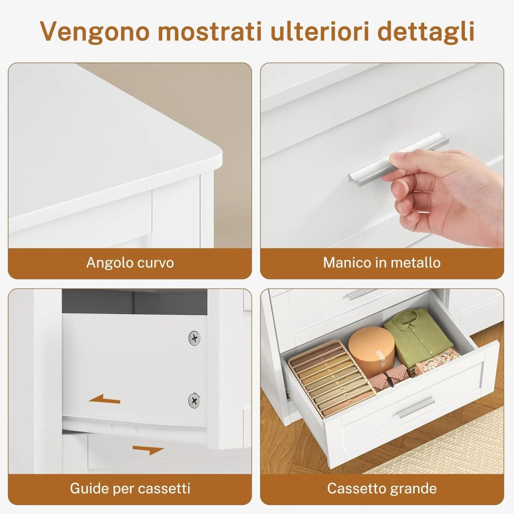 Cassettiera Camera da Letto, Settimino con 6 Cassetti - Comò Bianco Moderno e Salvaspazio, Ideale per Soggiorno e Ingresso, 107x35x75.5 cm
