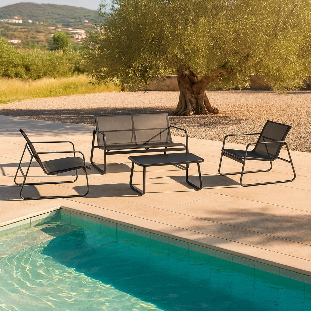 Set Palencia di Mobili da Giardino Tavolino Divano e 2 Sedie da Esterno - Grigio Chiaro/Nero [en.casa]