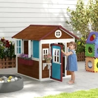 Casetta per Bambini 3-8 Anni con Tetto Inclinabile, Vasi e Fioriere, in Legno di Abete, 114x126.4x135 cm