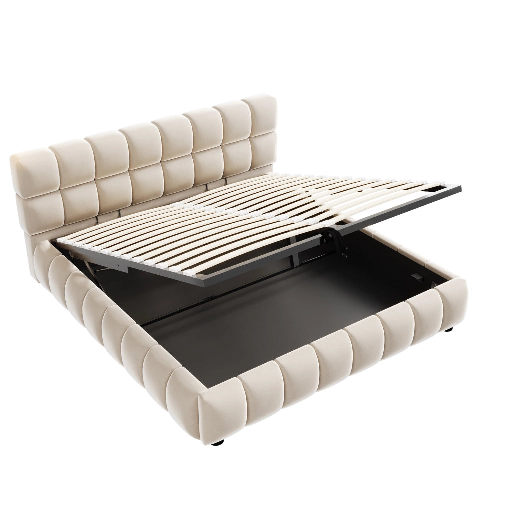 Letto matrimoniale imbottito 140x200 cm con contenitore idraulico in velluto beige