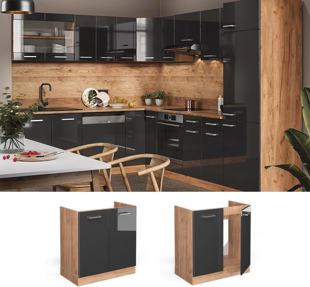 Mobile lavello cucina R-Line, Antracite lucido, 80 cm senza piano di lavoro, per la libera combinazione all'interno di sistemi cucina modulari