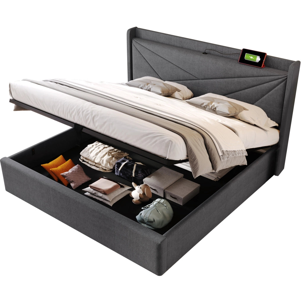 Letto matrimoniale contenitore 160x200 cm con testiera USB e Type-C in lino di cotone grigio; con materasso