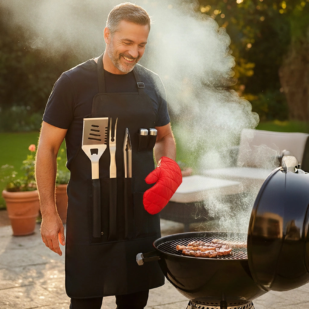 Set BBQ Professionale con Termometro Carne – Accessori Barbecue in Acciaio Inox 430 Alimentare con Pinza, Spatola, Forchettone, Coltello, Grembiule Kit 7 o 17 Pezzi Kit 7 Pezzi