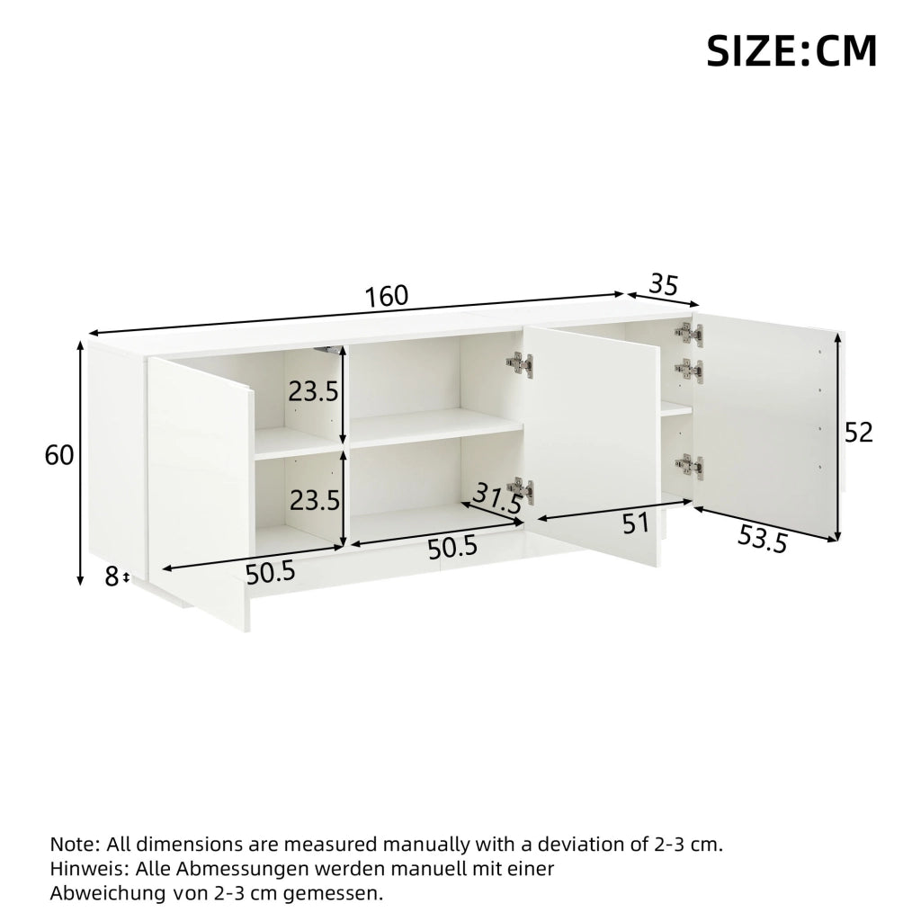 Credenza con 3 ante e 6 vani; ripiani regolabili - per soggiorno e sala da pranzo - 160×35×60 cm - bianco