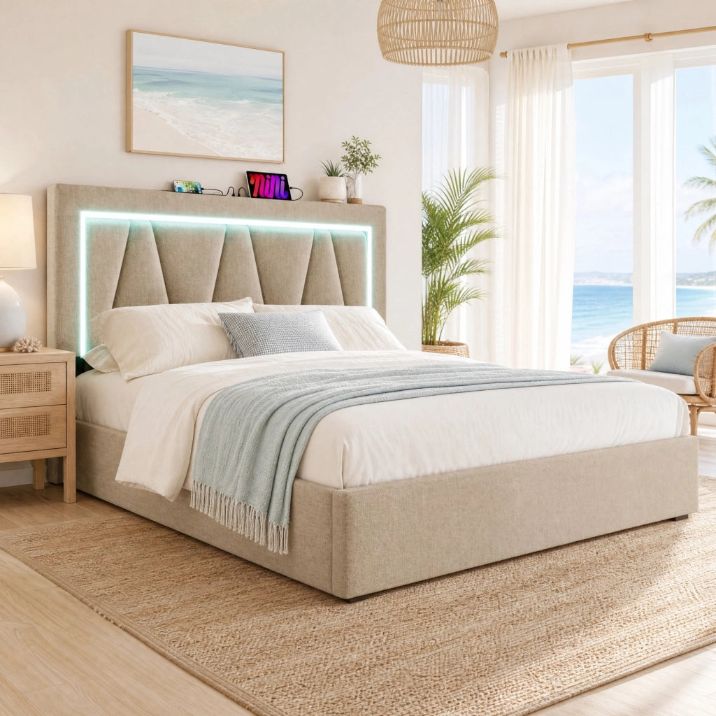 Letto matrimoniale 160x200 cm in lino beige con LED; USB e porta Type-C; contenitore