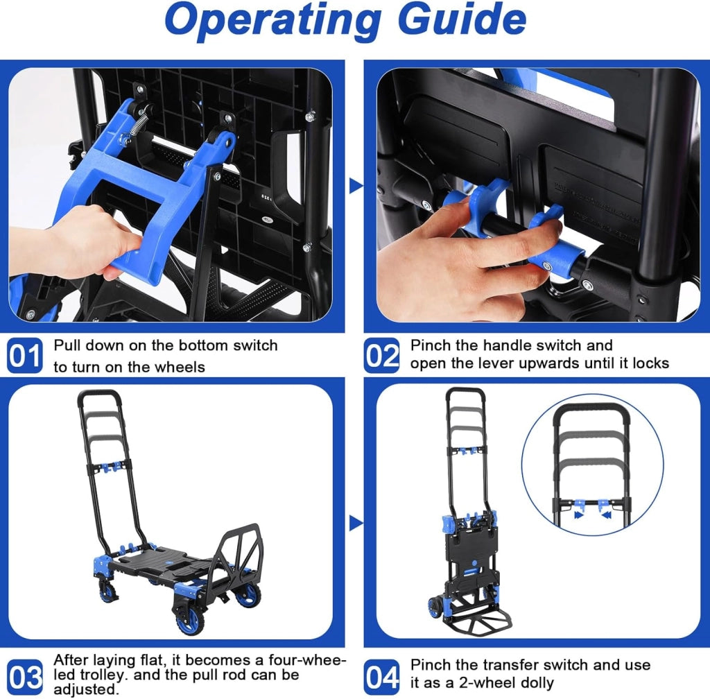 Carrello 2-in-1 con con Grande Scatola Pieghevole, Carrello a Piattaforma max. 150 kg, 2 Elastici con Gancio, Regolabile in Altezza a 3 Livelli, per Trasporto, Shopping, Campeggio, Trasloco (Blu)