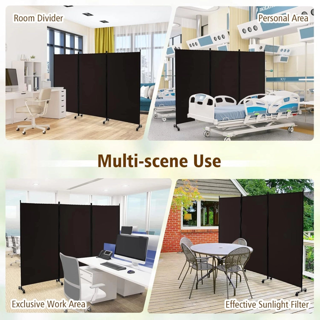Divisorio Paravento con Ruote 3 pezzi, Divisorio da Parete in Ferro, Protezione Privata per Camera da Letto, Ufficio, 260 x 180 cm, 5 Colori (Caffè)