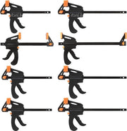 Set di pinze unidirezionali - 8 pezzi - 195mm e 323mm - ampiezza di apertura 100mm e 150mm - acciaio e nylon - per lavorazione del legno - nero/arancione