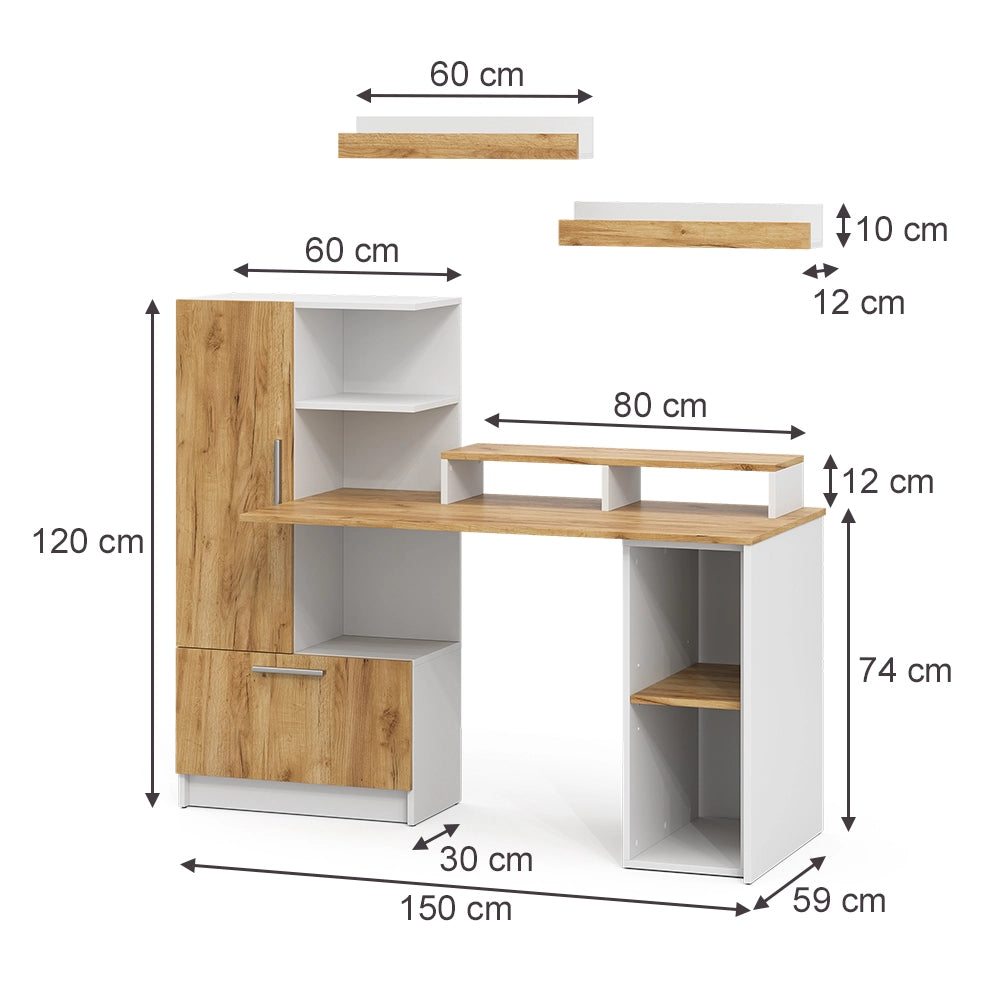 Set scrivania Tomy Bianco/Rovere dorato 150 x 59 cm Set di 5 Vicco