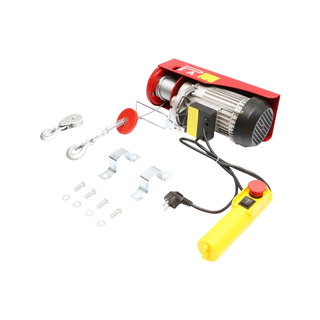 Paranco/gru elettrica 220V/50Hz 850W, carico massimo 200/400kg, velocità di sollevamento 5-10m/min, altezza di sollevamento 6-12m, protezione IP40