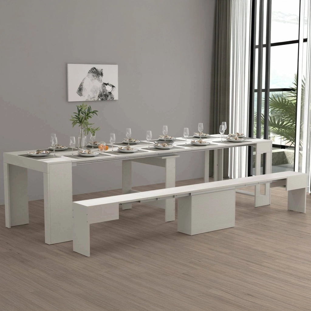 Set tavolo e sedie Badesi, Composizione multiuso, Set con consolle e 1 panca allungabili, 100% Made in Italy, 66x25h45 cm, Bianco