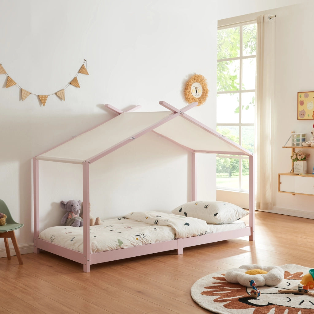 Letto Singolo Brome per Cameretta a Forma di Casetta Zona di Riposo 90x200 cm Legno - Rosa [en.casa]
