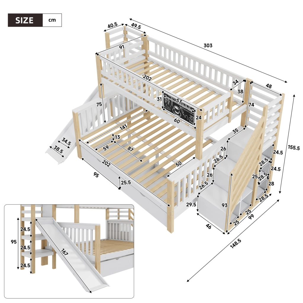 OKWISH Letto a Castello 140×200 cm e 90×200 cm, Letto 3 Posti con Scala Contenitore, Armadio e Scivolo, senza Materasso, Bianco