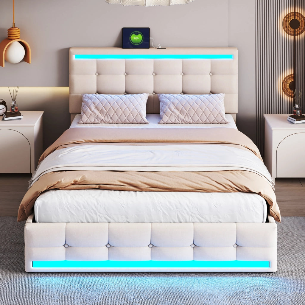 DESMIU Letto contenitore 140 × 200 cm 2 posti con 4 cassetti, USB, LED regolabile e vano, senza materasso, beige