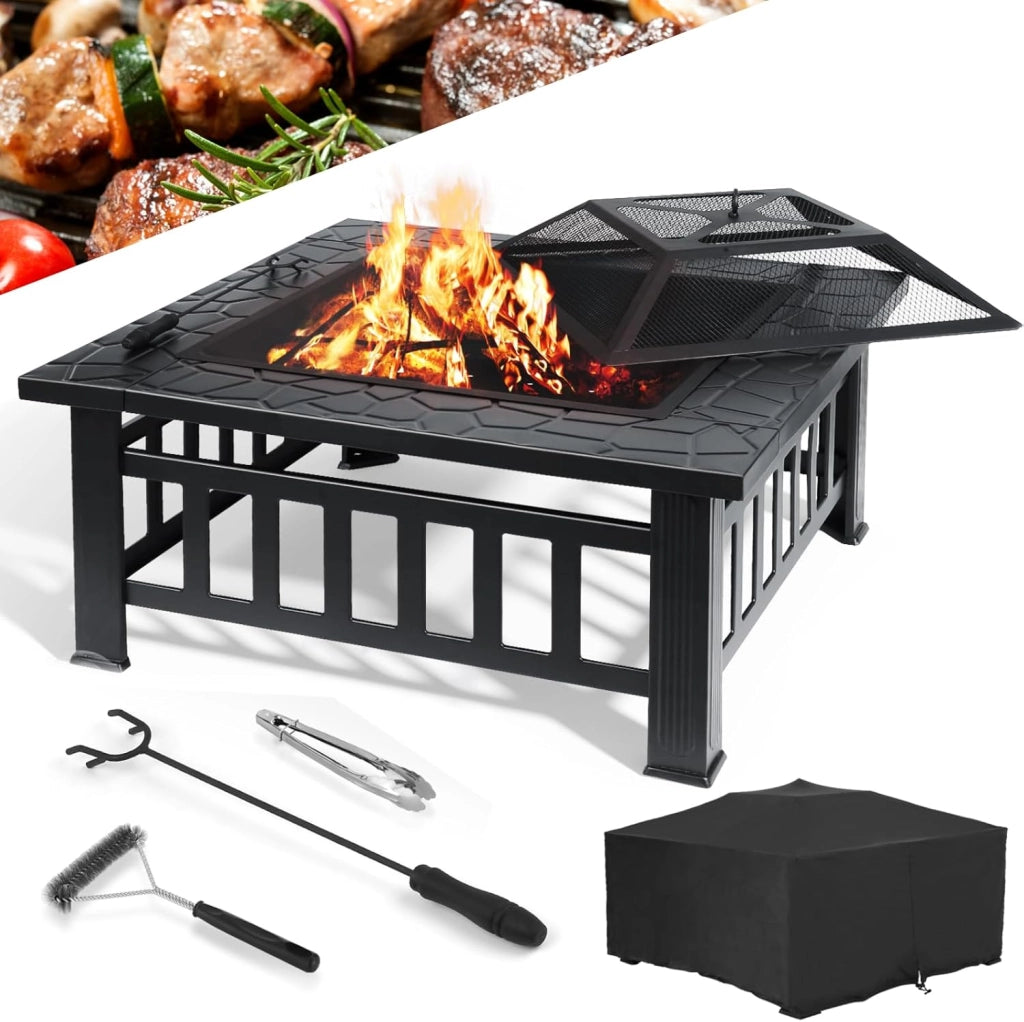 Braciere Barbecue con Griglia, Braciere da Esterno, 81cm Braciere da Giardino in Ferro,con Griglia, Attizzatoio,Parascintille, Copertura Impermeabile,Pinze per Grill,Spazzola,4 pcs Gamba