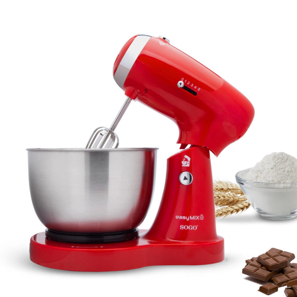 Impastatrice elettrica con ciotola 3,2L in acciaio inox, 5 velocità con fruste e ganci per dolci e impasti rosso - Sogo