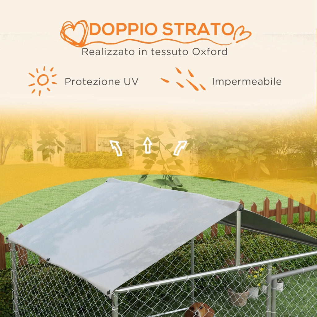 Recinto per Cani Taglia Media da Esterno 200x200x150 cm con Tetto Impermeabile Argento