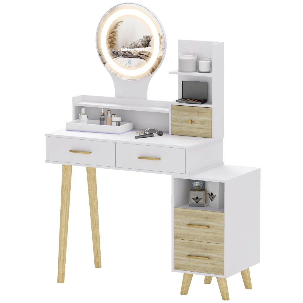 Tocador con Specchio e Luci LED ¨C zephmum ¨C 100x44x137 cm Bianco e Naturale