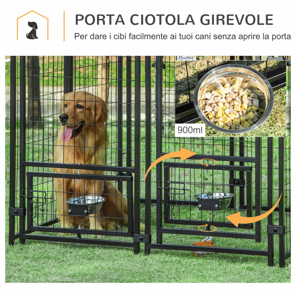 Recinto per Cani da Esterno, Box per Animali in Acciaio con Serratura, 2 Ciotole Girevoli e Copertura in Tessuto Oxford, Kennel Nero e Rosso
