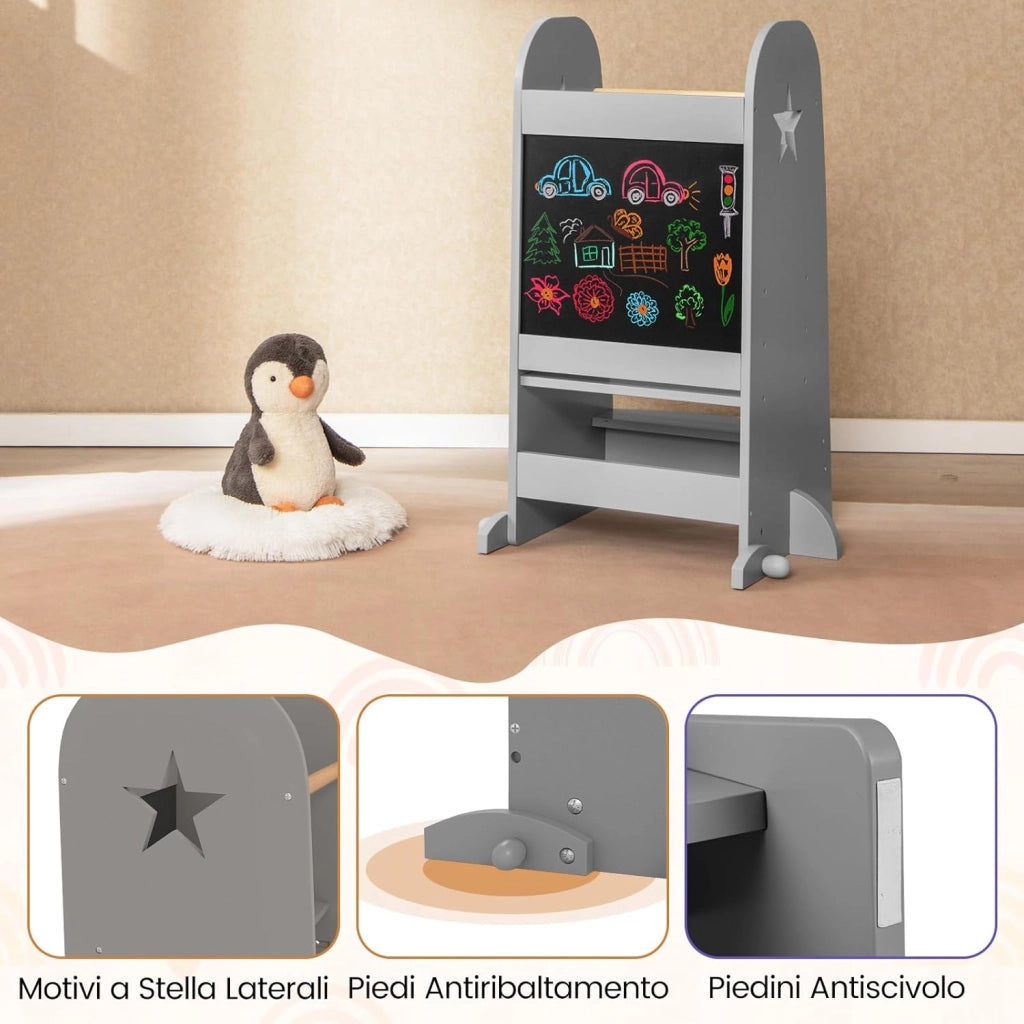 3-in-1 Torre Montessoriana per Bambini Regolabile in Altezza su 3 Livelli, Torre di Apprendimento con Doppia Lavagna, Pedane Alzabimbo con Protezione, per Cucina e Bagno, da 36 Mesi, Grigio