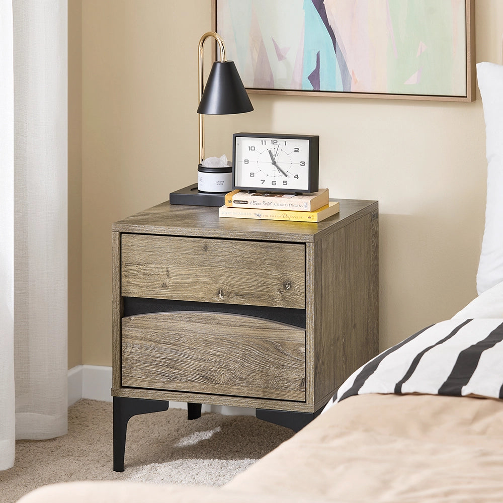 SoBuy Comodino, 2 cassetti con frontale curvo, effetto legno & gambe in metallo, Tavolino da notte moderno per camera da letto, 40×40×47 cm, naturale FBT165-N