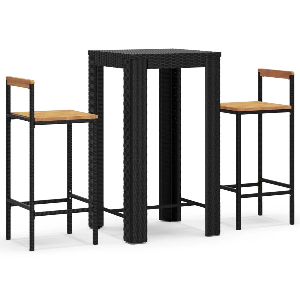 Set Bar Giardino 3 pz Nero Polyrattan e Legno Massello Acacia 3187710