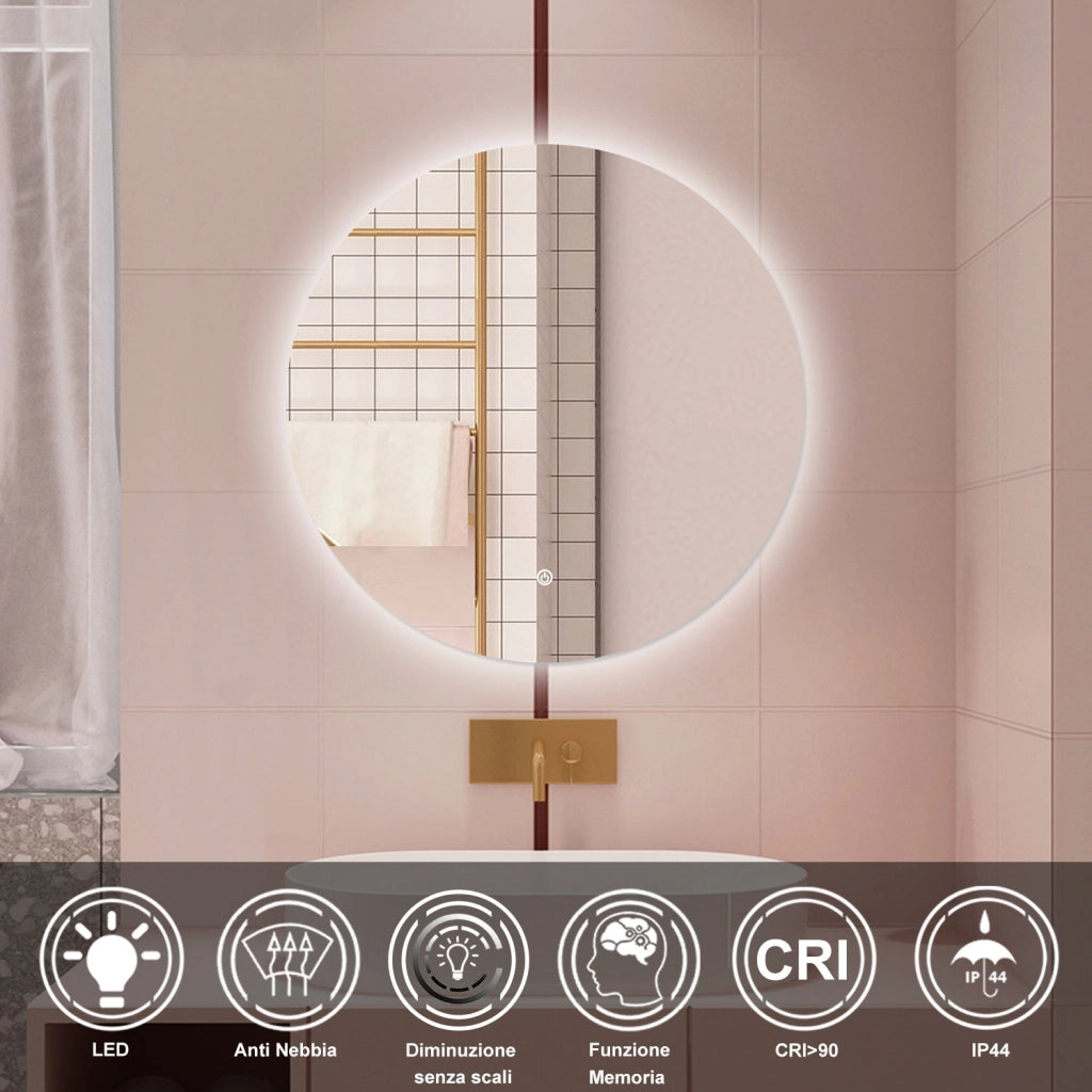 AICA Specchio da bagno 90 x 90 cm, antiappannamento, dimmerabile, interruttore touch, Funzione Memoria