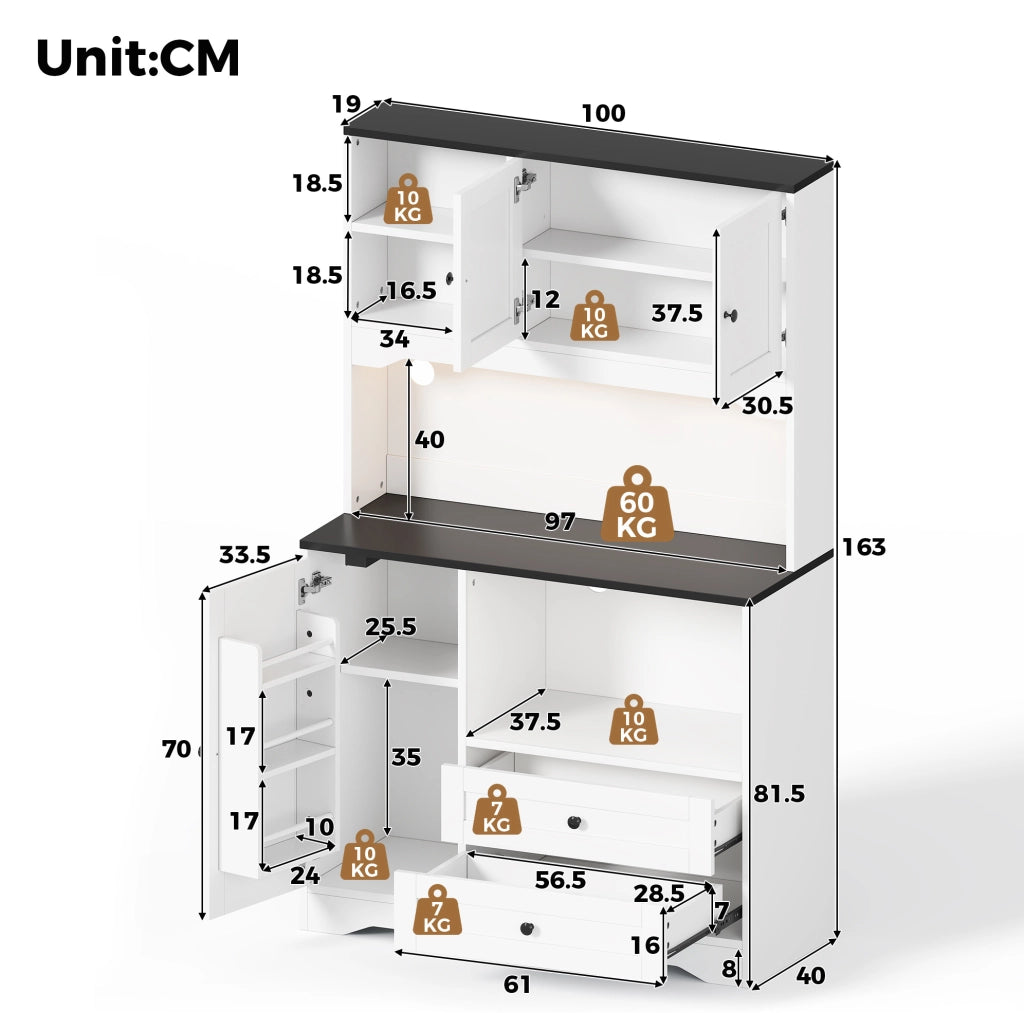 Credenza cucina multifunzione 100x40x163 cm con LED; prese USB; bianco