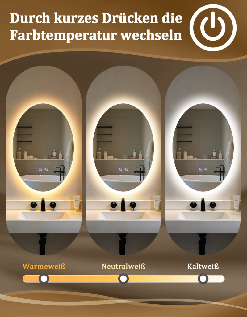 ZMH Specchio da bagno ovale LED 60x80 cm parete IP44 interruttore touch antiappannante dimmerabile 3000K-6500K