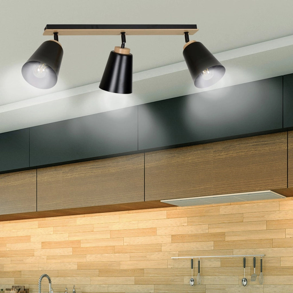 Faretto a soffitto ATLAS in acciaio nero opaco e legno