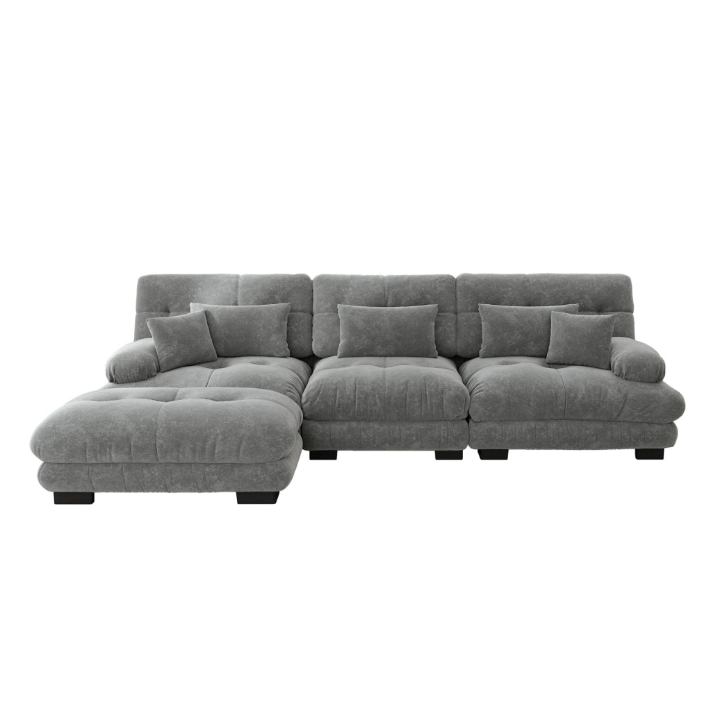 Divano angolare modulare con ottomane 313x145x81 cm in ciniglia grigia