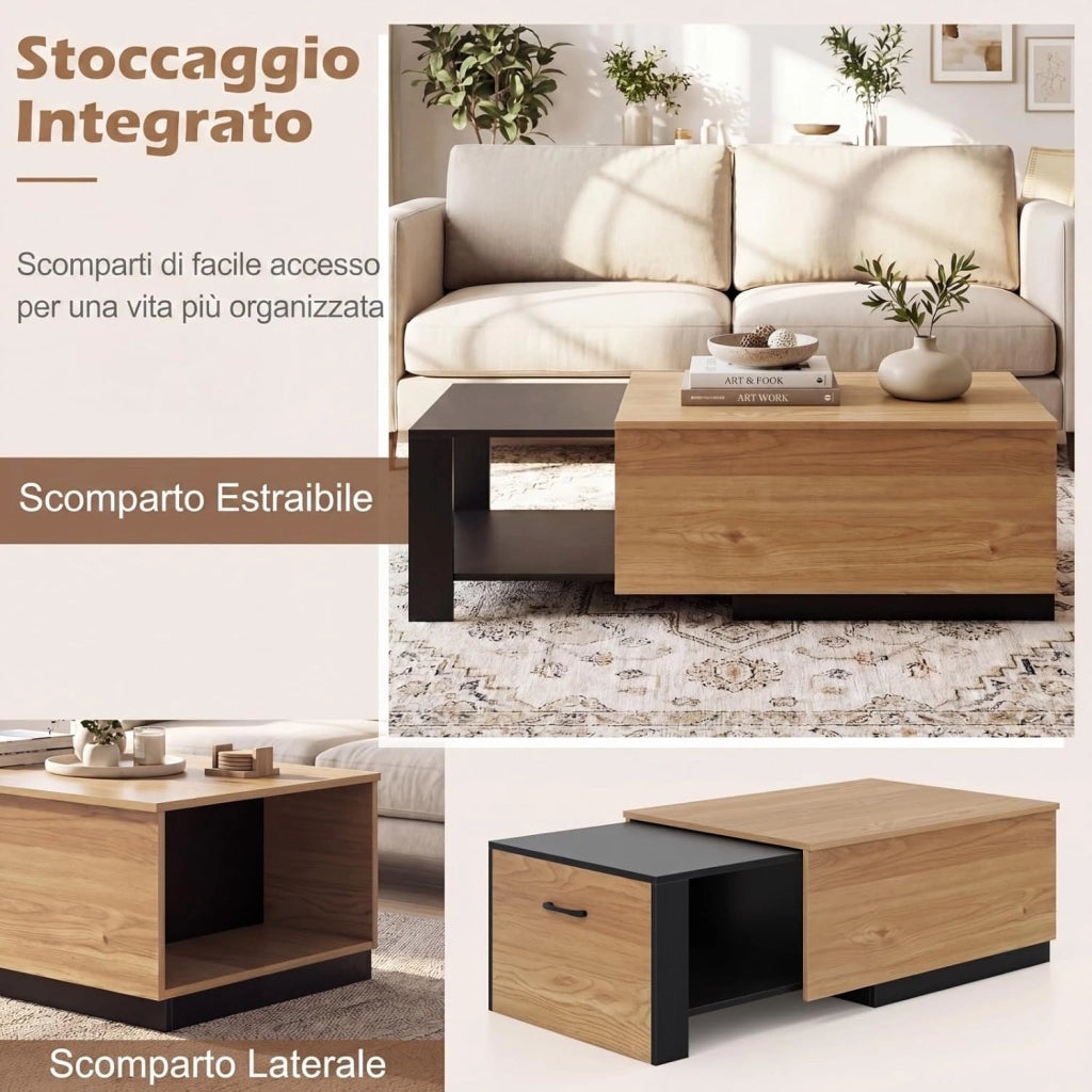 Tavolino da Caffè Allungabile, Tavolino da Soggiorno Salvaspazio con 2 Vani Portaoggetti e Piano Scorrevole, Tavolo Basso Rettangolare in Legno per Salotto e Ingresso, 118 x 60 x 37 cm