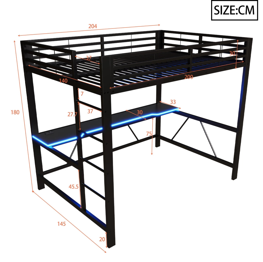Letto a soppalco gaming 140x200 con LED, scrivania, nero