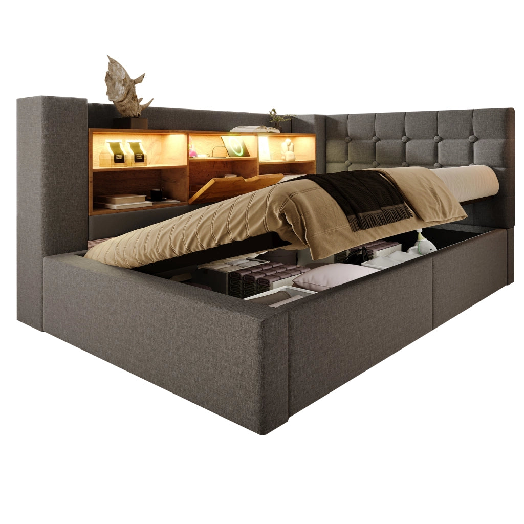 Letto singolo – 90x200 cm – LED contenitore idraulico testiera L con materasso – lino grigio