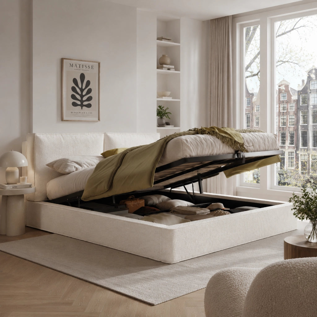 Letto matrimoniale contenitore 180 × 200 cm con vano salvaspazio e testiera imbottita, senza materasso, bouclé beige