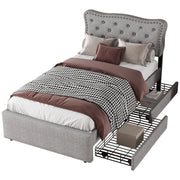 Letto singolo 90 × 200 cm, 1 posto, 2 cassetti e testiera regolabile, senza materasso, in MDF e lino grigio