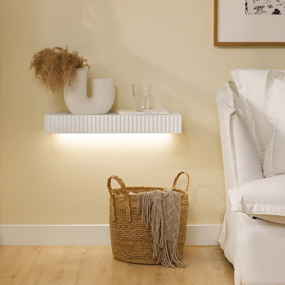 SoBuy FHK38-W Mensola da Parete Galleggiante con Cassetto & Illuminazione LED con Sensore di Movimento, per Camera da Letto, Ingresso & Soggiorno, a Batterie, L60 × P20 × H8 cm, Bianco