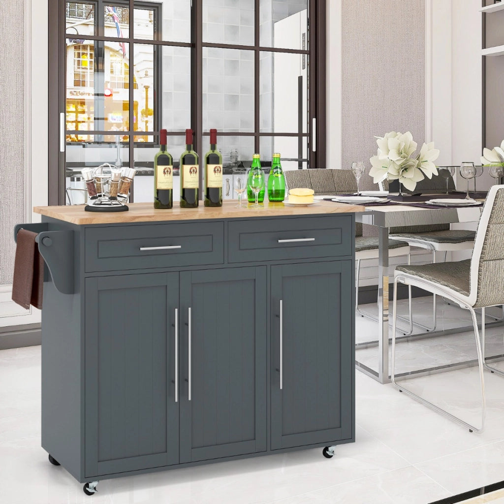 Carrello da cucina in legno con 2 cassetti e maniglia, Armadietto da cucina con ruote 122x45,5x92,5cm Grigio-Carrelli