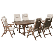 Set da giardino con 6 sedie in legno di acacia marrone scuro con cuscini beige chiaro in stile rustico con cuscini