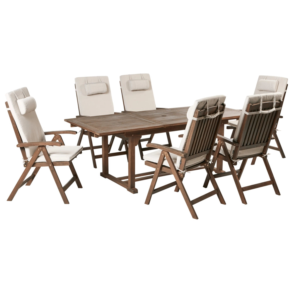 Set da giardino con 6 sedie in legno di acacia marrone scuro con cuscini beige chiaro in stile rustico con cuscini