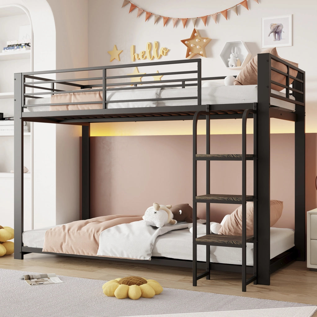 Letto a castello 90x200 cm in metallo e MDF; nero; con scala ampia e protezione anticaduta