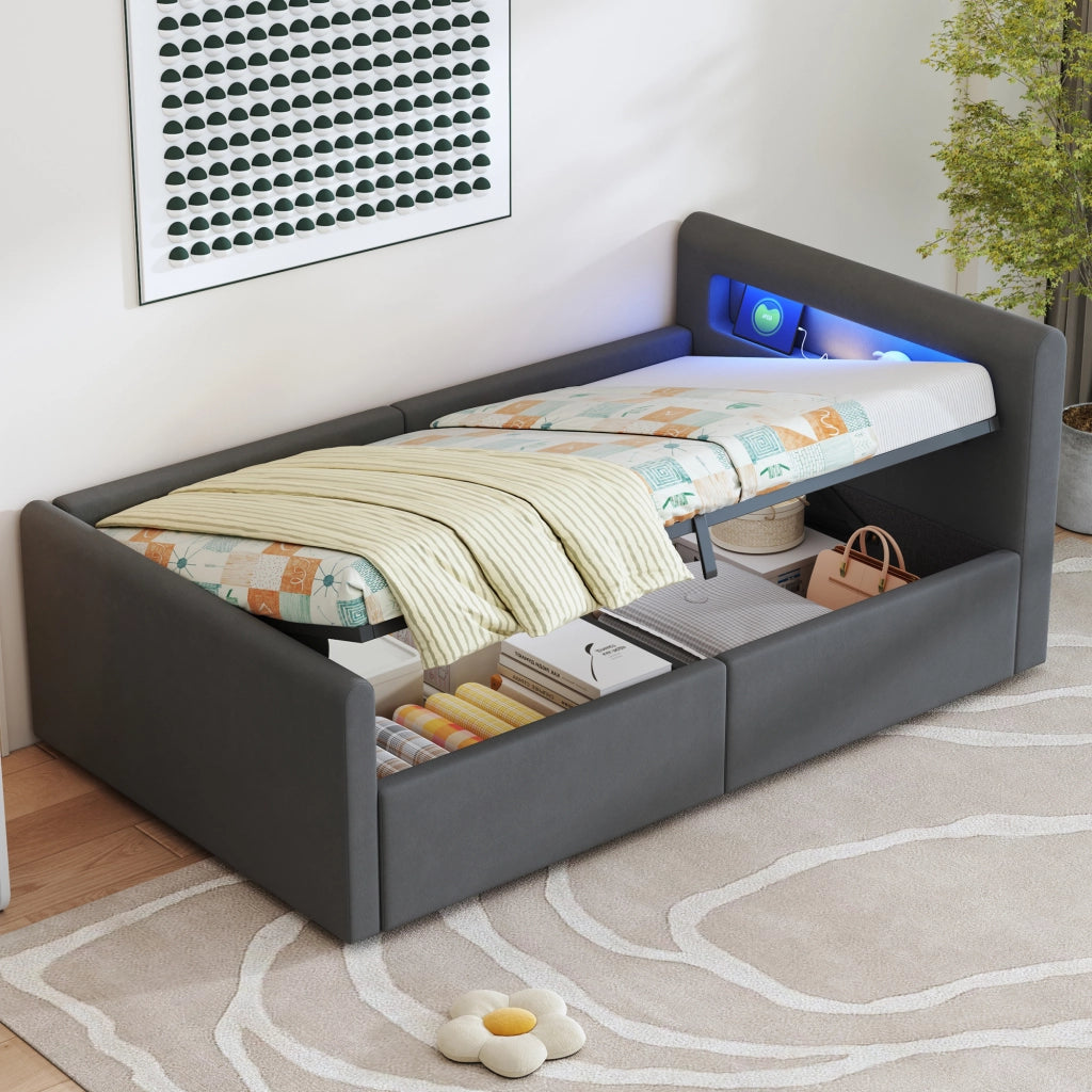 Letto 90x200 cm - Letto imbottito,Con luce notturna,Porta di ricarica USB,Con vani portaoggetti,Velluto,Funzione di accumulo idraulico,Grigio scuro